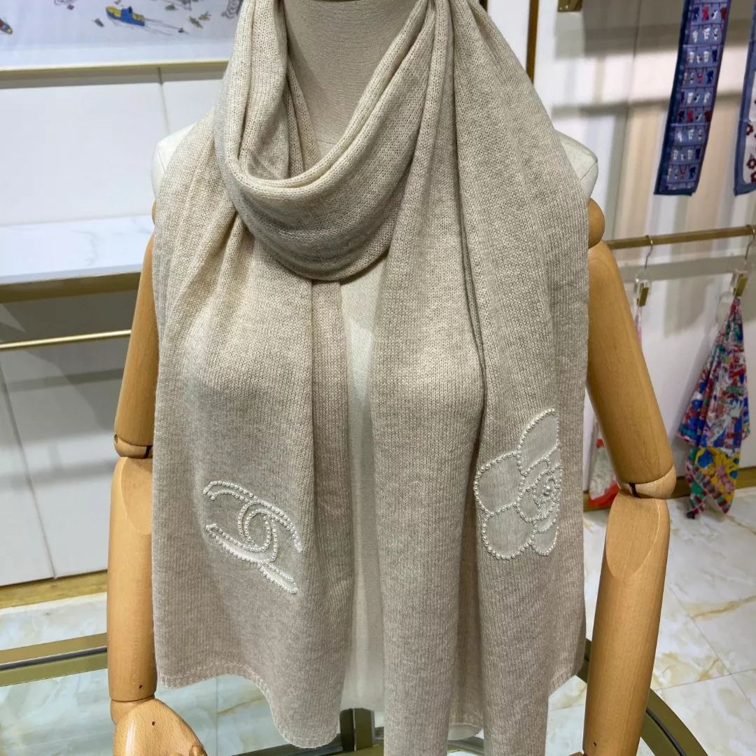 Elegant Camellia Pearl Cashmere Scarf